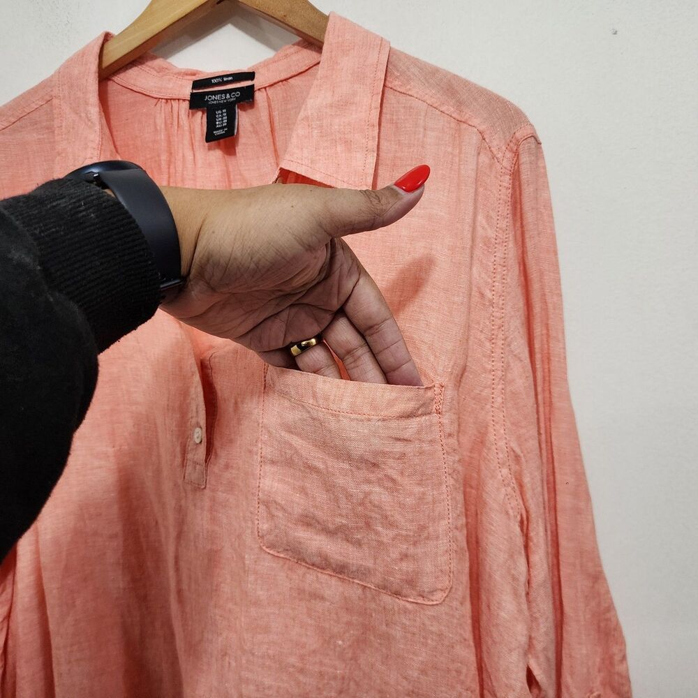 Jones & Co 100% Linen Popover Coral Long Tab Sleeve Coastal Shirt Plus Size 1X - Picture 7 of 11